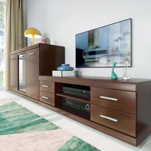 Lomadox Lowboard und Sideboard Wohnzimmer Möbel Set Nussbaum Wohnwand Fernsehwand klassisch TV Schrank Highboard Vitrine