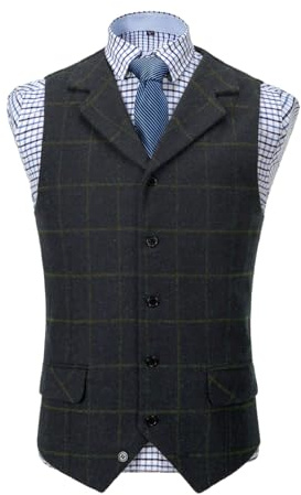 Solove-Suit Chaleco de traje a cuadros casual para hombre, chaleco de tweed Slim Fit para boda, marine, M
