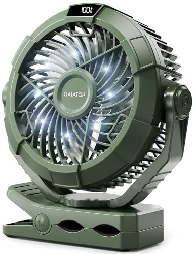Gaiatop Ventilador de camping con luz, ventilador portátil recargable de 4000 mAh, ventilador de escritorio pequeño de 3 velocidades, ventilador de clip con pantalla digital LED, ventilador USB con
