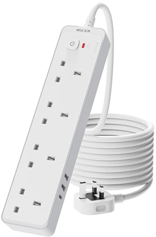 Mscien 5M Extension Lead with 3 USB Slots, 4 Way Extension Socket with Switch Wall Mountable, Long Extension Lead Surge Protected, UK Power Strip 5 Meter Extension Cable 3250W