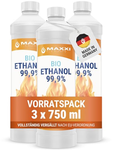 Maxxi Clean | 3X 750 ml Bioethanol für Tischkamine | Made in Germany | geruchsneutral und rußfrei bei Indoor,- und Outdoor Ethanol-Kaminen | geeignet für Raum,- und Gartenfeuer mit Alkohol-Kamin