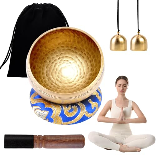 POFIBO Klangschalen Set, 8CM Tibetisches Klangschalen Handgehämmertes Meditationszubehör mit Holzklöppel Klangschalenkissen und Messingglocke, Ideal für Yoga Meditation und Entspannung