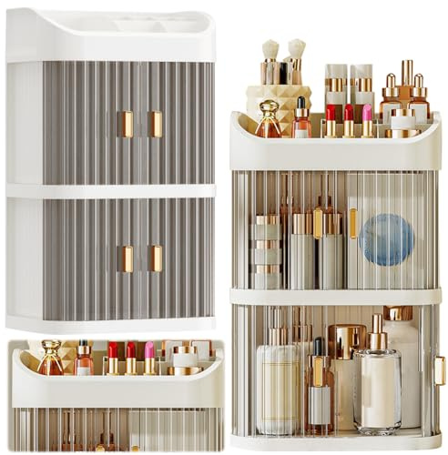 RuiDay Organizzatore Trucco, Vetrina per Cosmetici a 3 Strati, Organizer Trucchi Grande Capacità con Maniglie, Antipolvere e Impermeabile Adatto per Camera da Letto, Toletta, Bagno (Bianco)