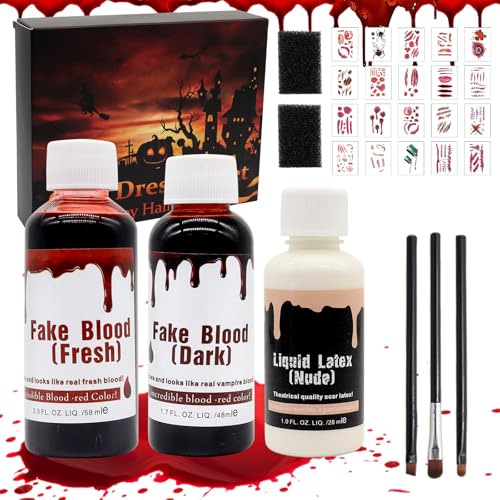 Kunstblut Halloween, Fake Blood Kit, Fake Blood 50ml+ Künstliches Frische Blut 60ml + Flüssigkeit Latex 30ml, Halloween Kunstblut, Schminkpinsel Schwamm, Halloween Make Up für Zombie Vampir Wunde