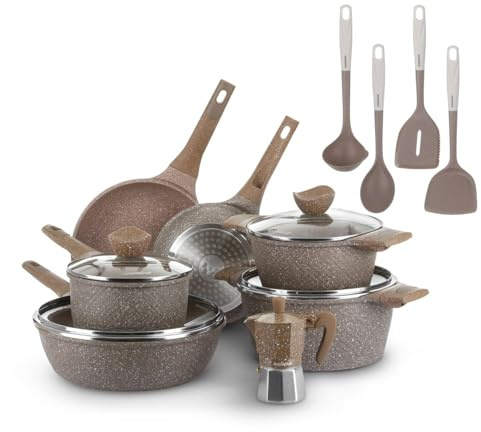 KASANOVA Set pentole antiaderente 0 Grassi, Batteria pentole a induzione e ogni piano cottura, set pentole e padelle antiaderente a 4 Strati con Design Moderno NO PFOA (15 Pezzi)