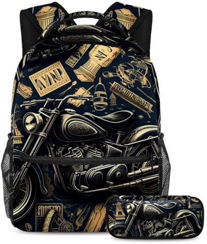 2-teiliges Schultaschen-Set, Rucksack mit großem Fassungsvermögen und Federmäppchen, perfekt für Studenten, Jugendliche und Reisen, Vintage-Motorrad, Vintage-Motorrad, Größe L