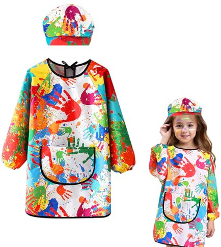 PEAKTOP 7-12 AñOs Bata Pintura NiñOs, Impermeable Delantal Infantil Colorido, Ajustable Mandilon Escolar NiñO Con Bolsillo, Delantal NiñOs Con Sombrero De Pintura Para Pintura Manualidades Cocina