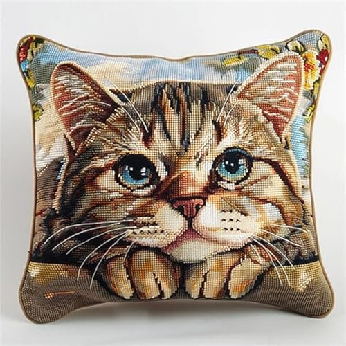 WallustrioaW Kissen Knüpfen Kit,tierische süße Katze,Knüpfkissen Set Für Anfänger Erwachsene Oder Kinder Zum Selber Knüpfen,DIY Knüpfteppich Knüpfpackung,43x43cm