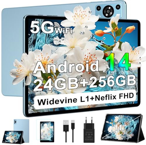 ZIOVO Tablet 11 Pulgadas Android 14, 24GB RAM + 256GB ROM (TF 1TB), Octa-Core 2.0GHz, 5G WiF Tablet, Widevine L1/8000mAh/13+5MP/GPS/BT5.0/Cuerpo Metálico, Tableta con Funda - Azul