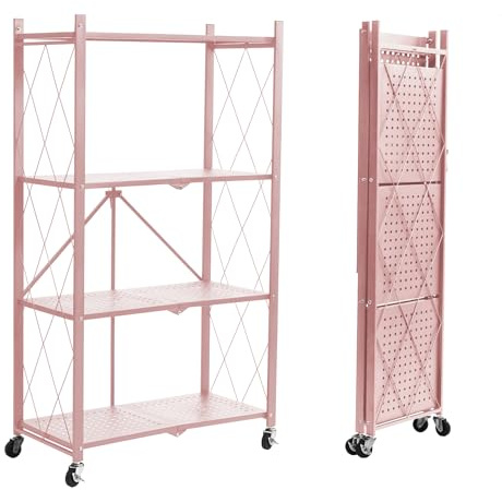 BRIAN & DANY Scaffale Pieghevole 4 Ripiani con Ruote, Scaffali in Metallo Salvaspazio per Soggiorno, Cucina e Garage, 71 x 34 x 126 cm (Rosa)