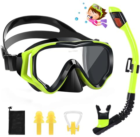 Snorkelset för barn, HIKOTEY torr snorkelset barn anti-dimma panorama, anti-läckage, dykmask, torr snorkel med vattentäta öronproppar, snorkling set för pojkar (4–12 år) – gul + svart