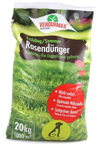 Verdurmax 20 kg Rasendünger Frühling & Sommer - Langzeit Rasendünger mit Stickstoff für 1000m² saftig grünen Rasen - Hundeverträglich & tierfreundlich - Für Streuwagen geeignet