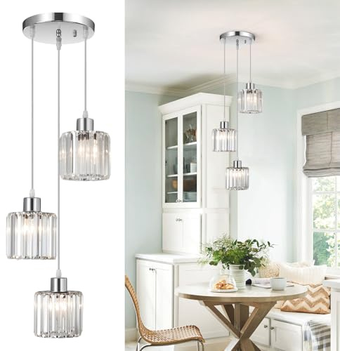 Kristall Pendelleuchte Esstisch Pendellampe, 3 Flammig Silber Pendelleuchte Kristall Kronleuchter, Metall Hängelampe Wohnzimmer Pendant Light Höhenverstellbar E27 Fassung Hängeleuchte für Schlafzimmer