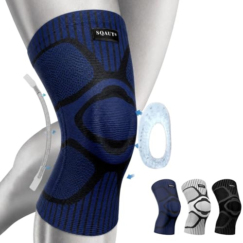 SQAUT Kniebandage mit Seitenstabilisatoren – Medizinische Kniestütze Kompression für Damen & Herren – Gelenkschmerzlinderung bei Meniskus, Arthritis, Sport Knieschoner Laufen Fußball (Navy Blau, L)
