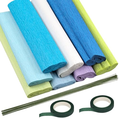 Swpeet 30pcs 8Colors 9,8 x 98 tums crepe pappersark rullar med blomstrande stamtråd och blomstrande tejp sortiment kit, 8,2 fots crepe pappersrullar blomma arrangemang kit