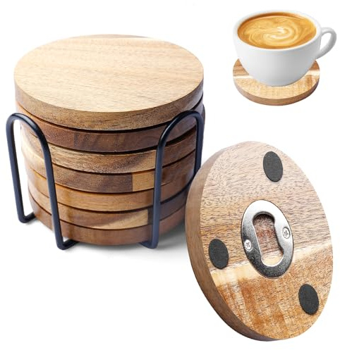 Behogan 10 pièces Dessous de Verre Ronds en Bois pour Verres, Dessous de Verre avec décapsuleur, avec Support, Dessous de Verre pour Verres, pour Boissons, Bar, Tasses, Verre