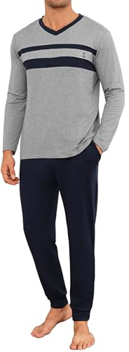 Marvmys Mens Pyjama Set Long Sleeve T-Shirt & Bottom Pants With Pockets | Men's two-piece Loungewear Striped Round Neck Top with Anchor Detail Long Cuffed Trousers with Practical Side Pockets