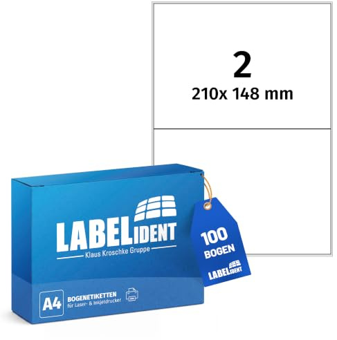 Labelident Laser-Etiketten 210 x 148 mm, 2 Etiketten pro A4-Bogen, 200 Etiketten (100 DIN A4 Bögen) selbstklebend, DIN A5 Adressaufkleber, Universal-Etiketten für Laser- & Inkjetdrucker