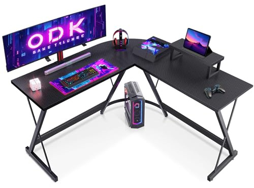 ODK L Shaped Gaming Desk,127×127 cm, Carbon Fiber Black | Corner Computer Desk with Monitor Stand for Gaming, Home, Office, Easy Assembly Design