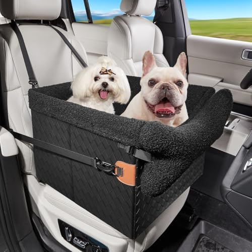 Asiento Elevado de Seguridad para Perros para Coche - Cama con Arnes de Sujeción, Base Antideslizante y Bolsillos, Lavable, para Razas Pequeñas y Medianas hasta 15kg (Negro)