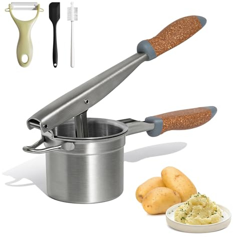ANJUKE Potato Ricer Stainless Steel with Fixed Disc, Heavy Duty Potato Masher with Wood‑Plastic Handle, Includes Ceramic Scraper, Silicone Spatula & Cleaning Brush for Mashed Potatoes
