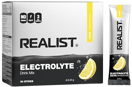 REALIST Electrolitos sin azúcar - Polvo electrolítico con 1000 mg de sodio, 330 mg de potasio y 60 mg de magnesio para equilibrio electrolítico - hidratación rápida - Deportes, KETO, ayuno (30 palos
