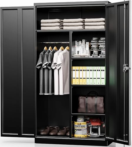INTERGREAT Metal Wardrobe Cabinets with Lock, 72 Clothing Storage Cabinets with Hanging Rod and 4 Adjustable Shelves, Armoire Wardrobe for Office, School, Employee, Government (Black)