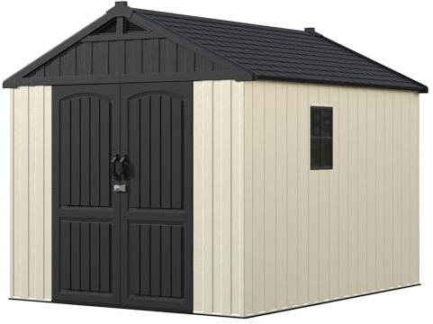 Devoko 8 x 10 FT Plastic Outdoor Storage Shed with Floor, Garden Resin Tool Sheds with DIY Window and Lockable Door, Beige Kick-it Shed for Patio, Backyard, Lawn