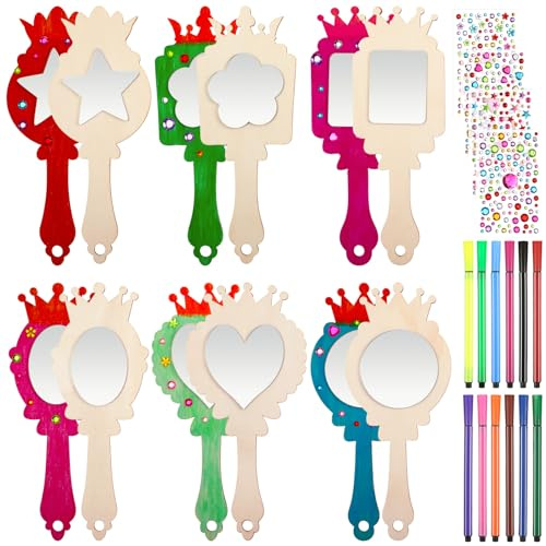 Kaisibum 12 Stücks Holzspiegel zum Bemalen, Prinzessin Krone | Kindergeburtstag, Spiegel Basteln für Kinder Holzspiegel Handwerk Set für DIY Kinder Malen Dekoration