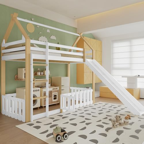 Witimisy Lettino a castello, letto per bambini, a forma di tetto, con divertente scivolo per bambini, spazio libero con recinzione, pino+MDF + compensato, bianco e naturale, 207 x 231 x 187 cm