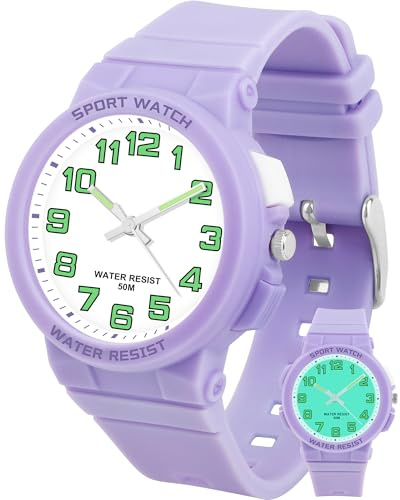 Juboos Orologi per Bambini, Orologio Analogico al Quarzo per Ragazzi e Ragazze, Impermeabili per Insegnare il Tempo, Cinturino Morbido da Polso (viola)