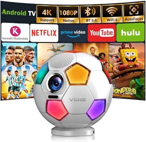 Vidéoprojecteur 4K【Design Original de Football/1000 ANSI/Apps intégrée/Auto Focus】 Projecteur Vidéo VGKE 4K FHD 1080p, Rétroprojecteur Portable WiFi 6, Bluetooth 5.4, Home Cinéma, Extérieur