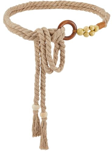 CRASPIRE Cintura con Nappa in Stile Boho in Corda Robusta in Legno Intrecciata A Mano in Cotone con Perline in macramè Bohémien Intrecciata Lunga e Sottile con Catena Decorativa per Abiti da Donna