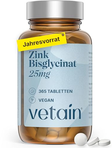VETAIN Zink 25mg - 365 Tabletten - mit Zinkbisglycinat (Zink-Chelat) - optimal hochdosiert - vegan & ohne Zusatzstoffe - produziert & laborgeprüft in Deutschland