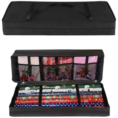 Alitree Geschenkpapier Aufbewahrung, Gewebtes 600D Oxford-Material Schwarz | , Geschenkpapierrollen Organizer, mit 3 Fächern Netzfächern, Weihnachtspapier Geschenkpapierrollen Organizer, 82x34x13cm