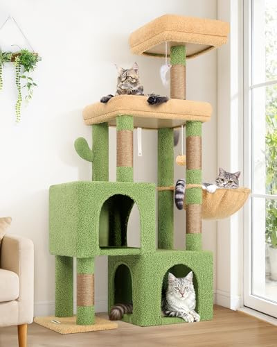 Globlazer S52 Kratzbaum Grün Klein Stabil 134 cm für Große/Senioren Katze | Katzenbaum mit 2 Katzenhaus, Große Plattform, Sitzstangen, Korb für Katzchen Katzen Senioren Ausruhen Spielen Kratzen