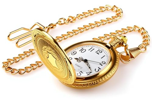 Kioylmo Montre à Gousset Vintage en avec Chaîne pour Homme Et Femme Cadran Squelette Romain Affichage 24h Résistant à l'eau 47mm pour Saint Valentin Fête des Pères Quotidien, Doré Collier Montre