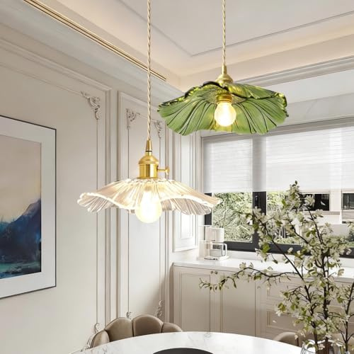 JOJOM Minimalistischer-Stil Vintage Hängeleuchte E27 Lotus blatt Glas Nordische Pendelleuchten Transparente Farbe Grün Beleuchtung Dekoration Wohnzimmer Schlafzimmer Restaurant Hotel(B)