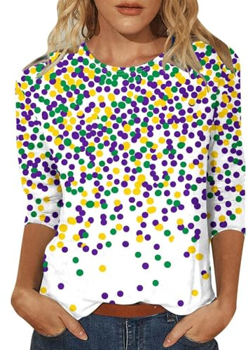 Dam 3/4 långa ärmar skjortor vardaglig rund hals toppar pullover trendig pullover aktivitetsboho-blus t-shirts dam karneval ärm nät kalla toppar, Rosa (Hot Pink), L