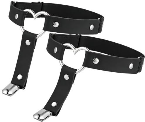 Trifletopia 2Pcs Women's Leather Thigh Garter Heart Shaped Adjustable Leg Garter with Clips, Punk Goth Leg Bands for Thigh High Socks, Fashion Accessories(Black)