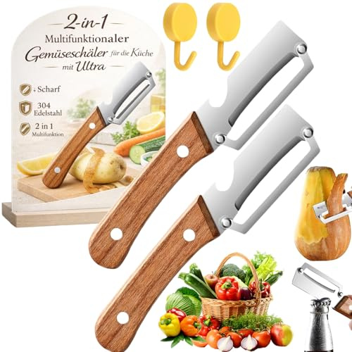 Multifunktionaler Gemüseschäler, Schäler Mit Holzgriff, 2 In 1 Edelstahl-Gemüseschäler Mit Ultrascharfer Klinge Und Ergonomischem Holzgriff Für Die Küche, Öffnen Von Weinflaschen (2pcs)