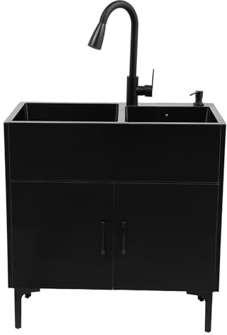 Évier de Cuisine Autoportant, 2 Bacs avec Meuble Bas et Robinet Extractible