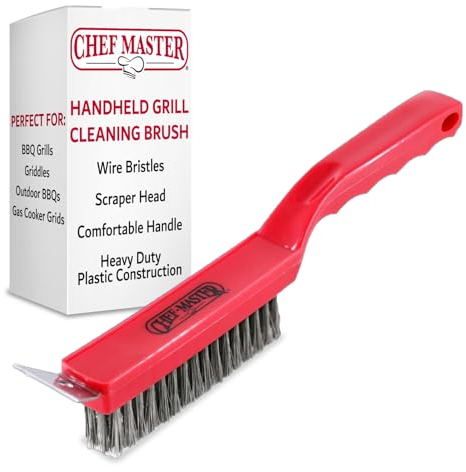 Chef Master 90044 Grill Brush | Handheld Small Grill Cleaning Brush | 2 in 1 | Wire Bristles | Scraper Head | Comfortable Handle | Heavy Duty Plastic Construction