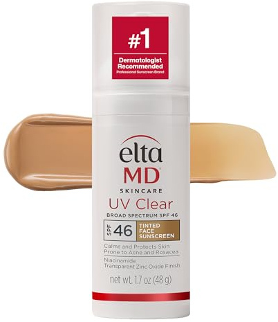 EltaMD UV Clear Tinted Sunscreen for Face, SPF 46 with Zinc Oxide, Oil-Free, Dermatologist Recommended, For Acne-Prone Sensitive Skin, 1.7 oz