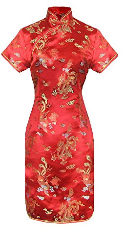 Laciteinterdite Vestito Cinese Corto Qipao a Maniche Corte Abito Donna Modello Rosso Drago Taglia 42