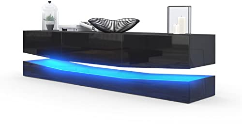 Vladon Lowboard City, Made in Germany, TV-Kommode mit Sockelelement, 1 offenem Fach und 3 Schubkästen, Schwarz Hochglanz/Schwarz Hochglanz, inkl. LED-Beleuchtung (178 x variabel x 39 cm)