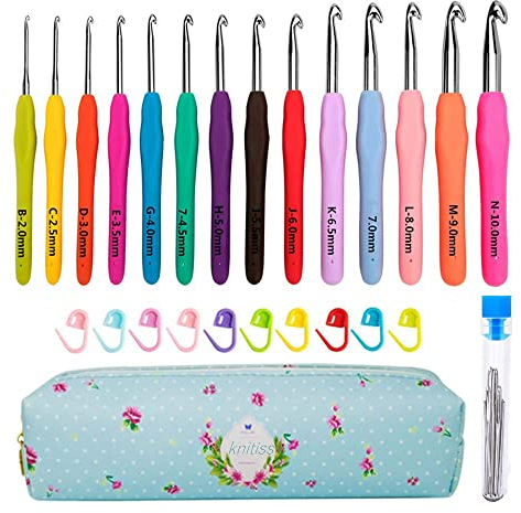 Knitiss 14 Pcs Crochet Hooks Set, Ergonomic Crochet Hooks with Case for Arthritic Hands, Crochet Needles Sizes 2mm to 10mm