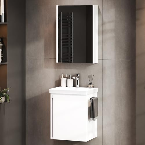 Planetmöbel Lavabo con mobile sottolavabo 50 cm incl. armadio a specchio 50 cm, set di mobili da bagno con lavabo, sospeso, bianco