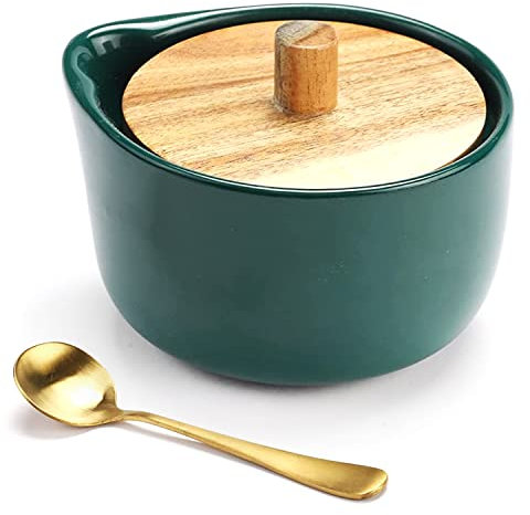 Everous Elegant Design Salt Boxes - Big Capacity, Green Ceramic Base with Wood Lid and Spoon
