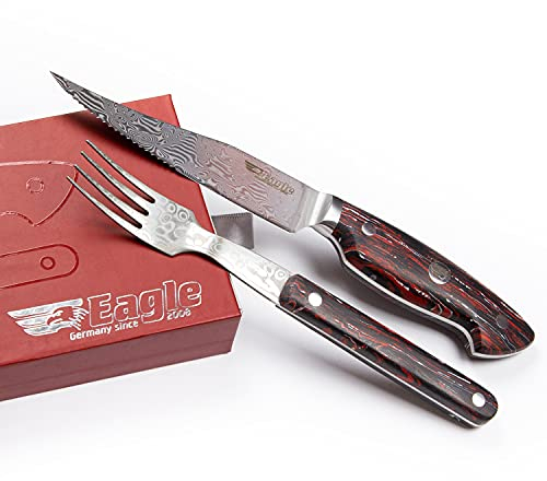 Eagle U-Grip - Steakmesser Set mit Steakgabel - Voll-Damaststahl 108 Lagen/Heftschalen: G10 schwarz-rot-weiß